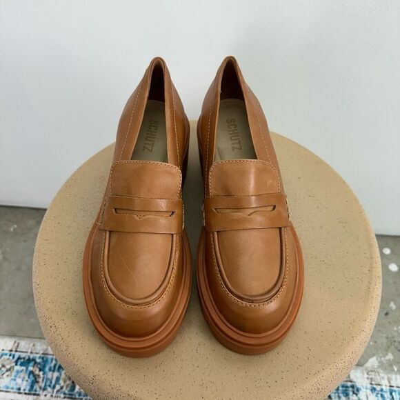 Schutz Women’s 90s Viola Tractor Leather Chunky Lug Sole Flat in Tan Rust Honey - Picture 4 of 13